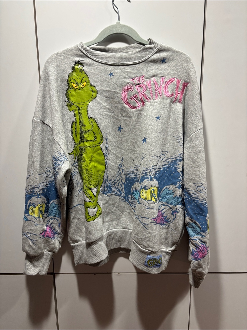 Hybrid Apparel Grey Crewneck Sweatshirt with Green Grinch Graphic and Pink Logo